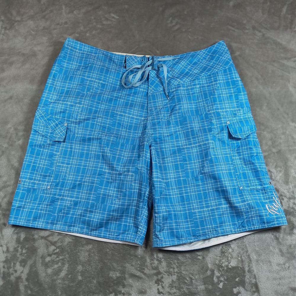 Vintage Quiksilver Board Shorts‎ Mens 40 Blue Plaid Swim Trunks Embroidered Y2K